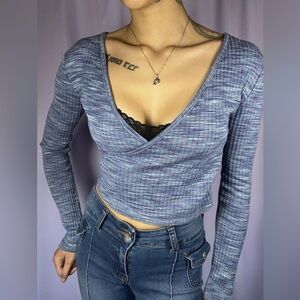 SO Baby Blue Wrap Top Size XS Ribbed Crop Deep-V Asymmetrical Spring Boho Casual